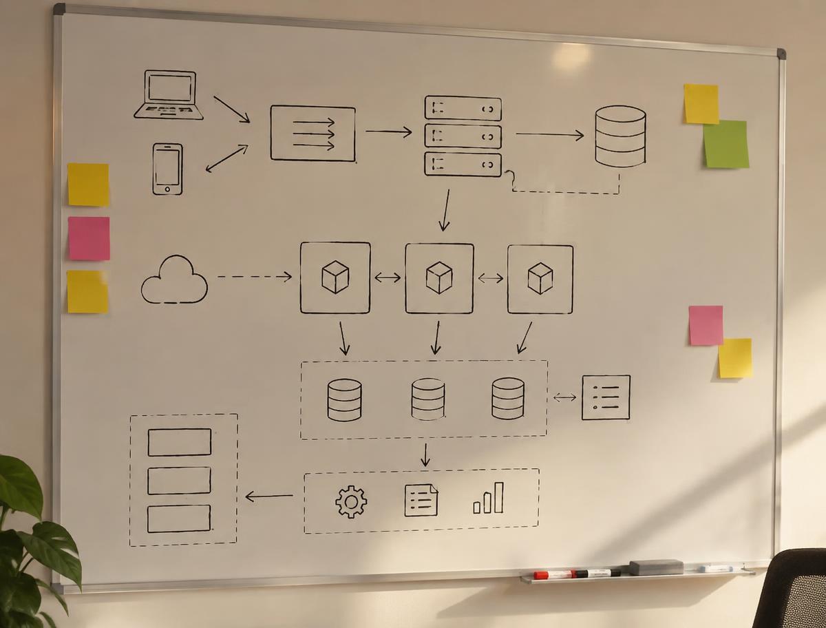 Whiteboard with a hand-drawn system architecture diagram and sticky notes